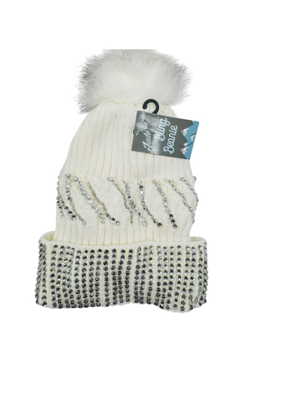 Jade Bling Beanie White Faux Fur Pom Crystal Accents Warm Fleece Lining